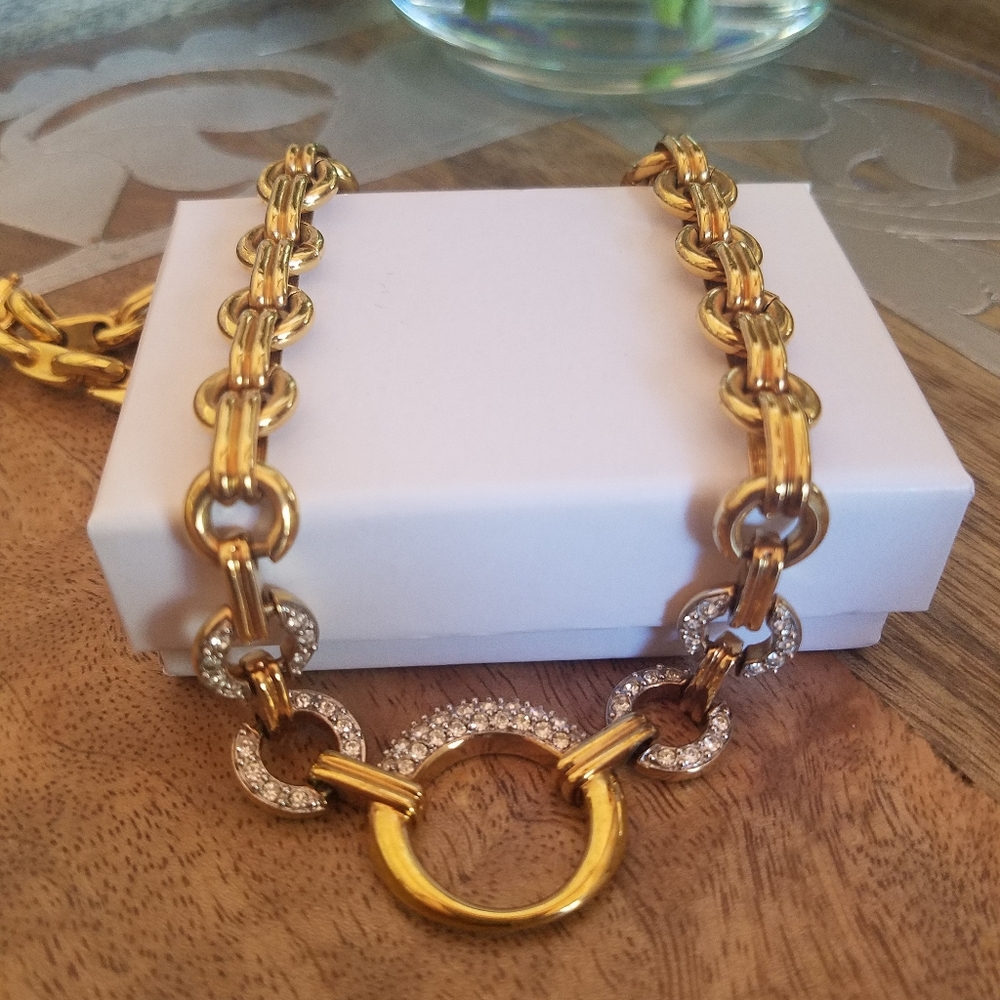 AUTHENTIC Swarovski 18k Gold Plated Chunky Chain Link Vintage Necklace - Picture 7 of 16